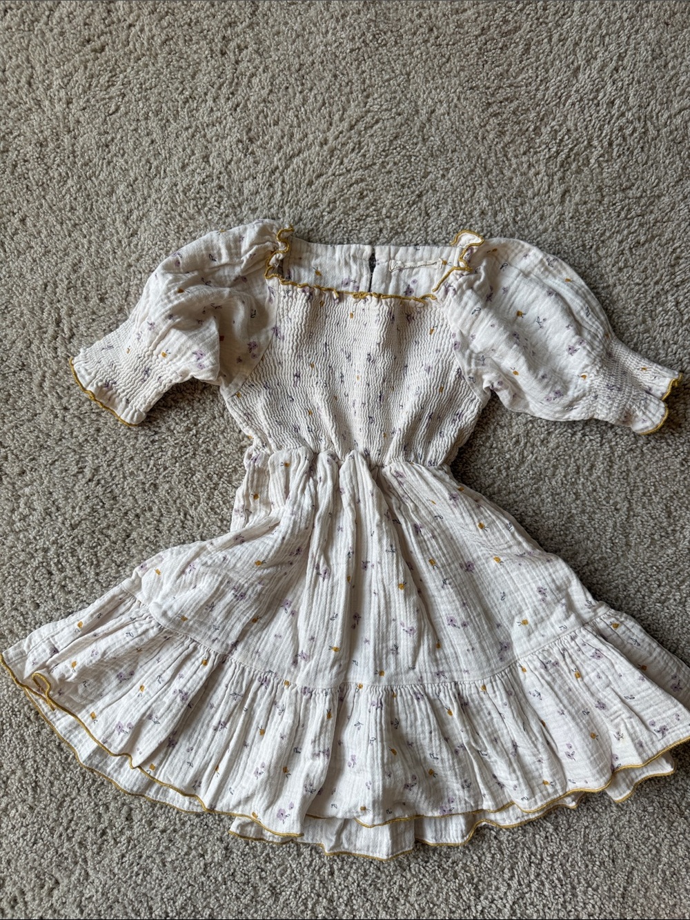Fin & Vince 2/3 Cream Floral Smocked Dress with Gold Trim Details